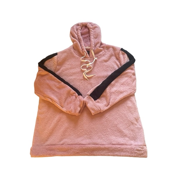 Rouge Collection Tops - Rouge Collection Fuzzy Pink and Black Sweatshirt with Hood